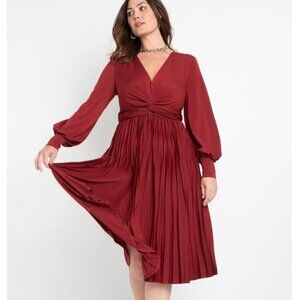 NWT Eloquii Burgundy Knot Front Pleated Skirt Dress, Size 16